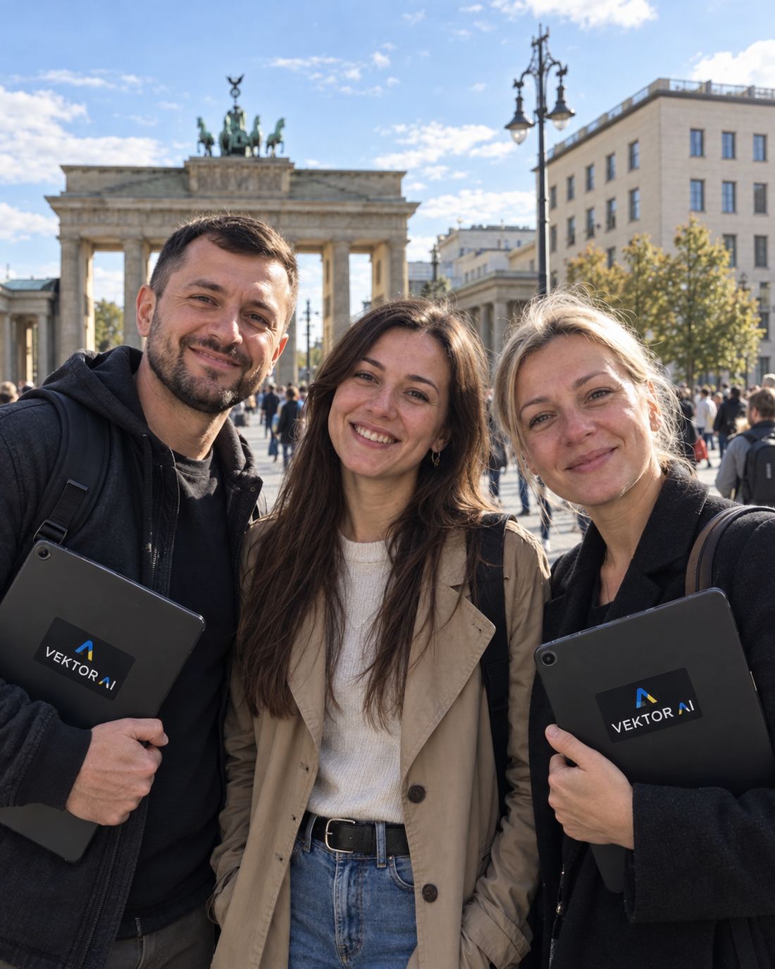 Drei VEKTOR-Teilnehmende mit Tablets vor dem Brandenburger Tor in Berlin