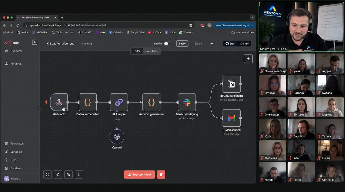 Visualisierung: Bildschirmübertragung eines n8n-Workflows